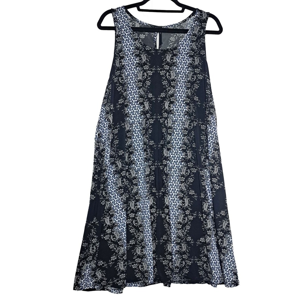 Boho A-Line Dress Sz XL Navy White Sleeveless Paisley Print Flowy Festival Vibe